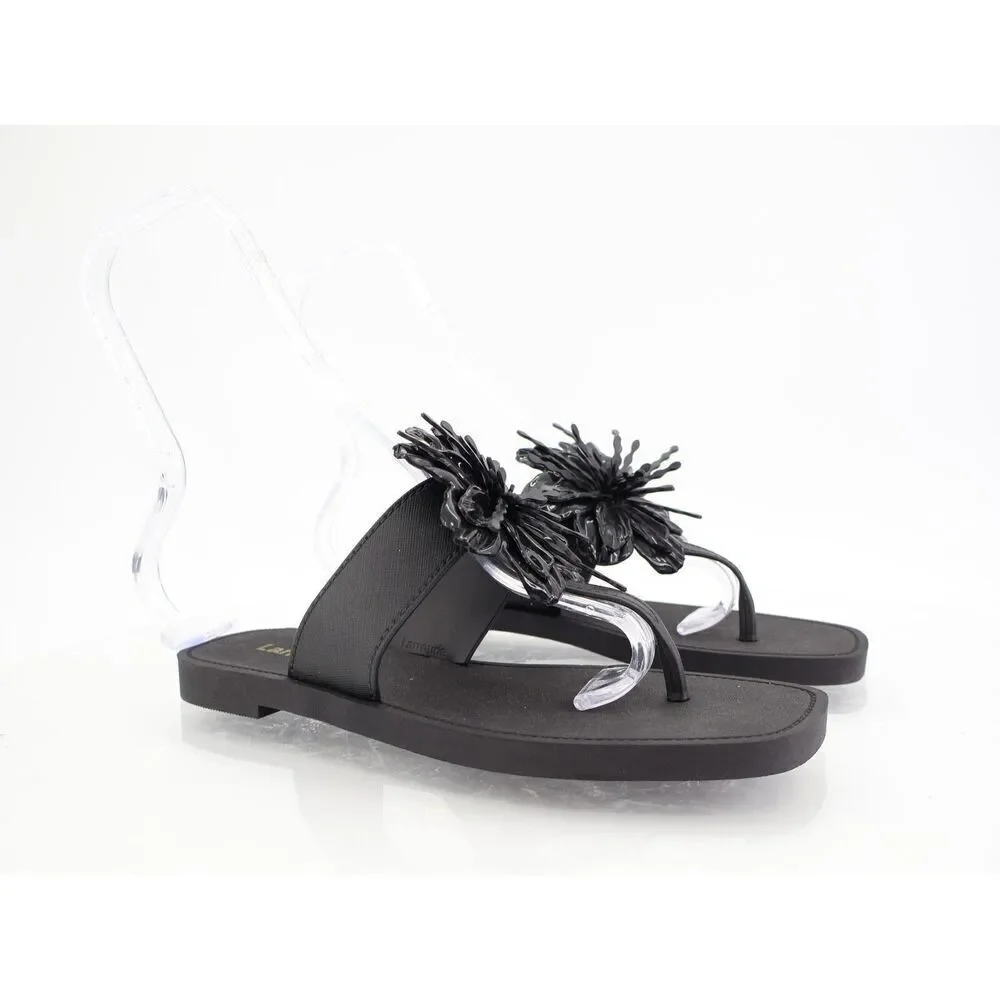 Larroude Hibiscus Sandals Slide Thong Size 6/7 Black Slip On Rubber Beach